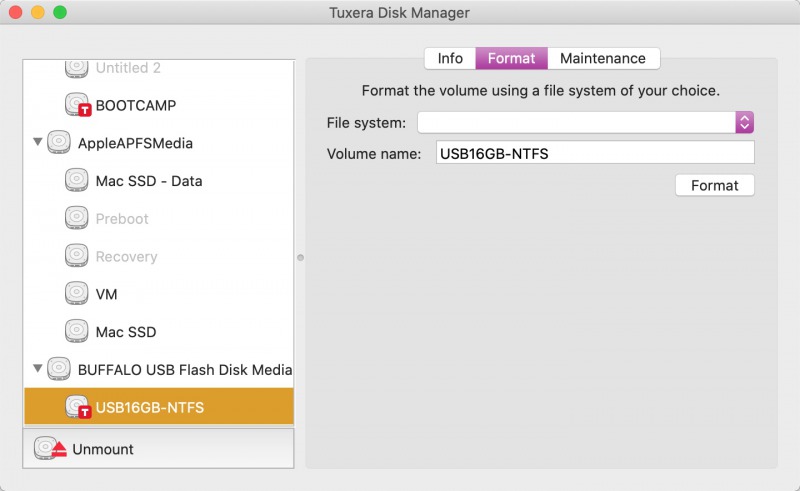 Tuxera Disk Managerの「Format」画面