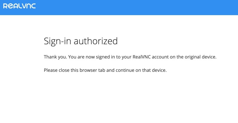 RealVNCで認証完了の画面