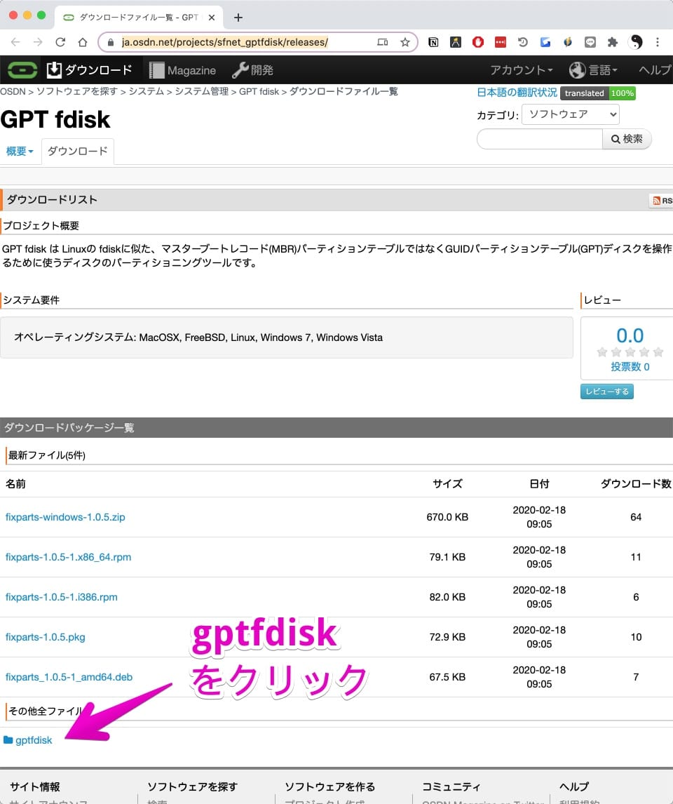 GPT fdiskの公式サイトのダウンロードページ