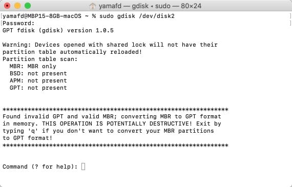 Macのターミナルで"GPT fdisk"実行