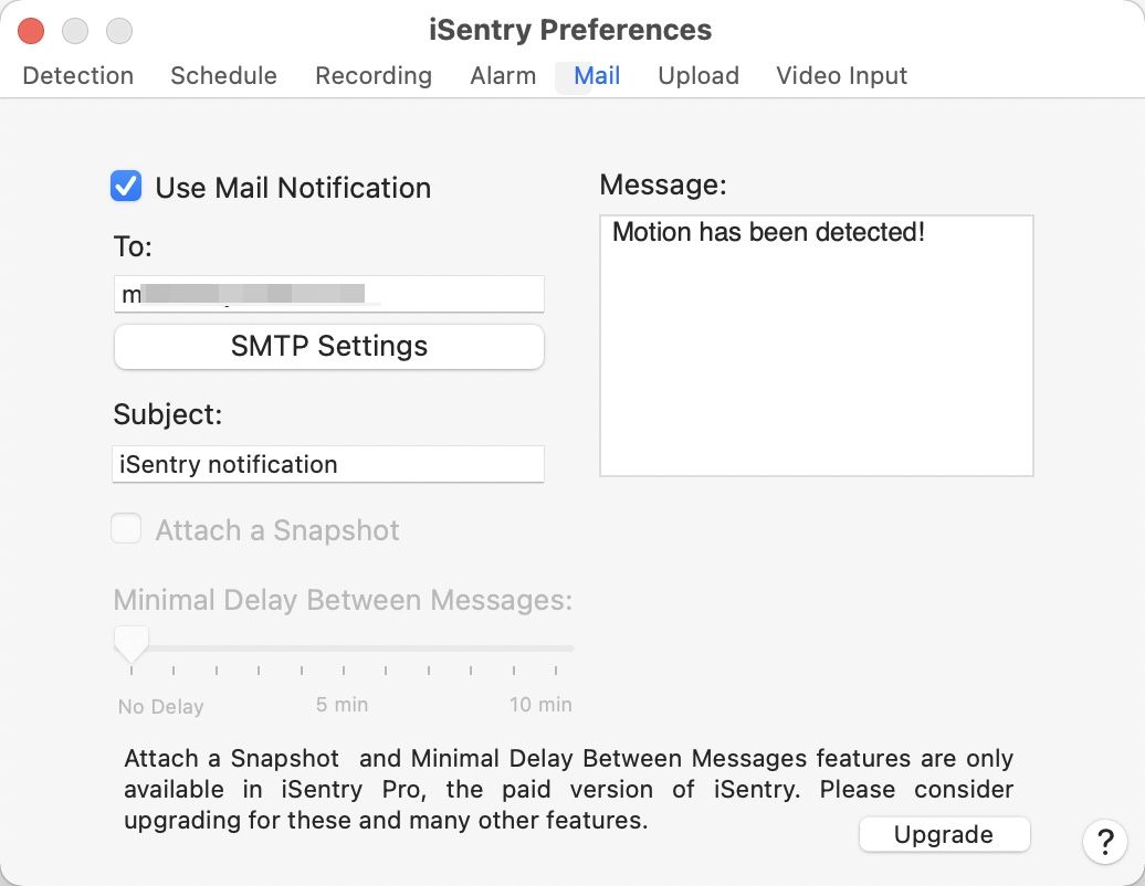 アプリ「iSentry」-「Preferences」-「Mail」