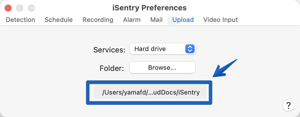アプリ「iSentry」のデータ保存用のフォルダを設定