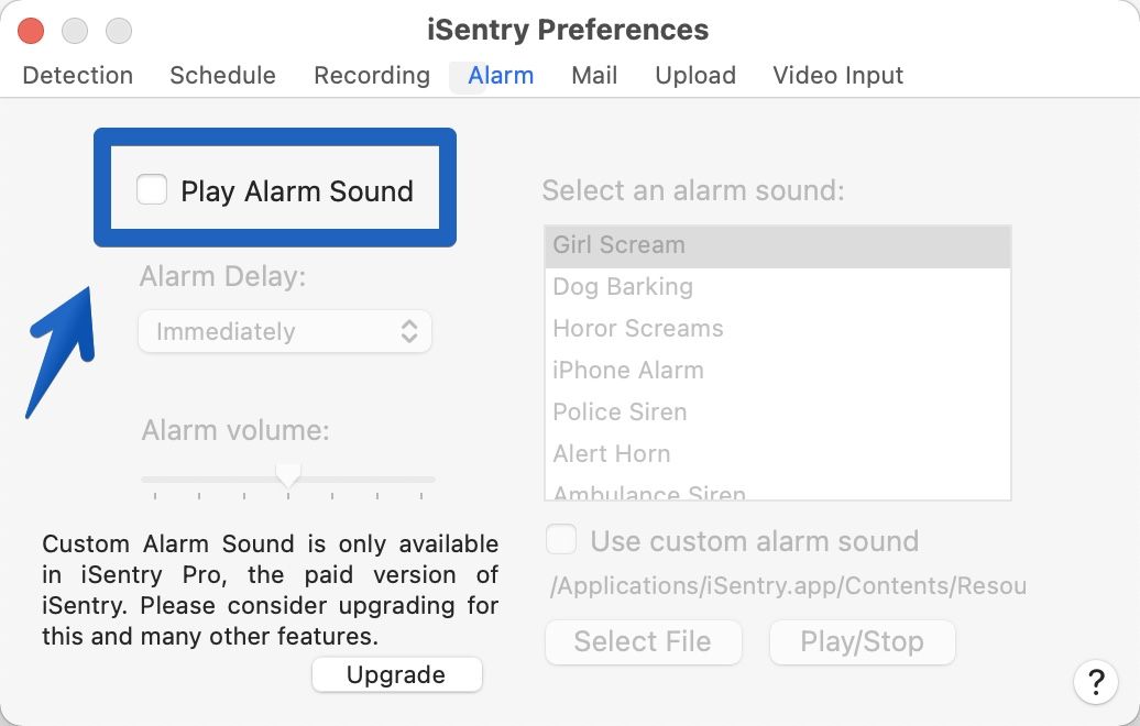 アプリ「iSentry」-「Preferences」-「Alarm」