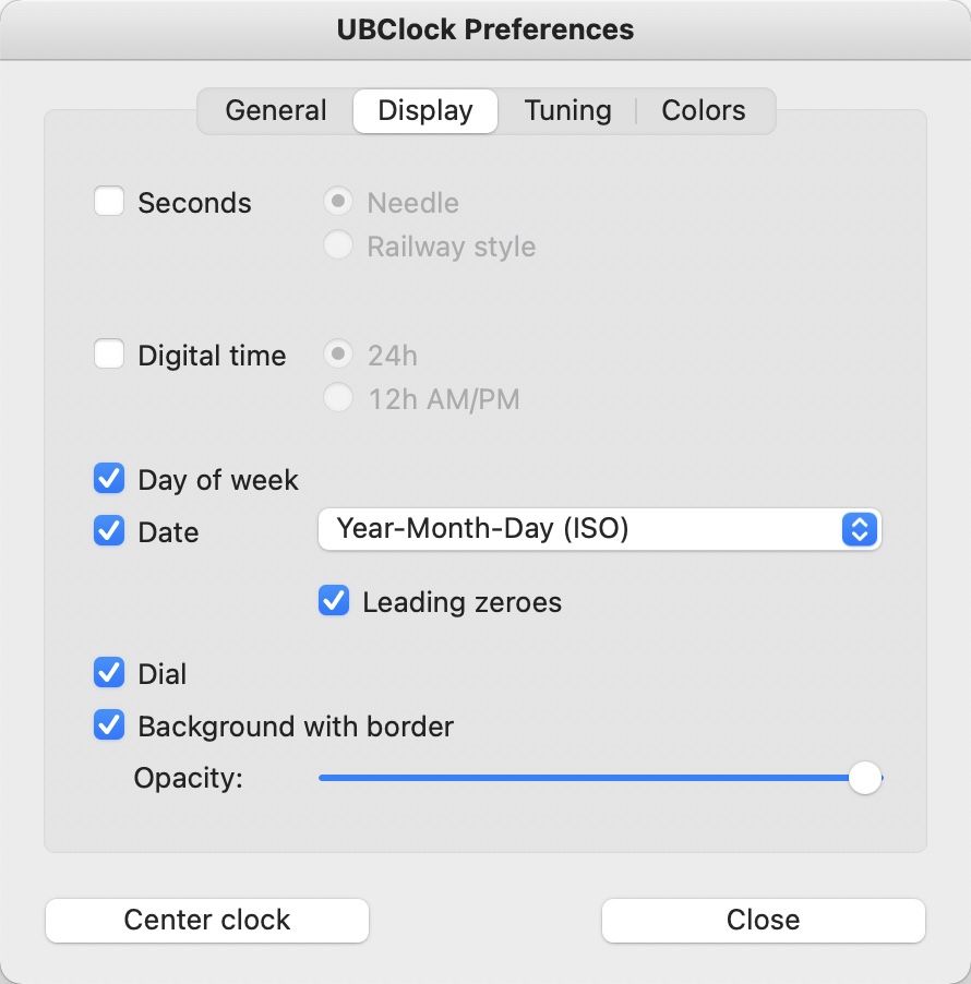 アプリ「UBClock」の「Preferences」-「Display」