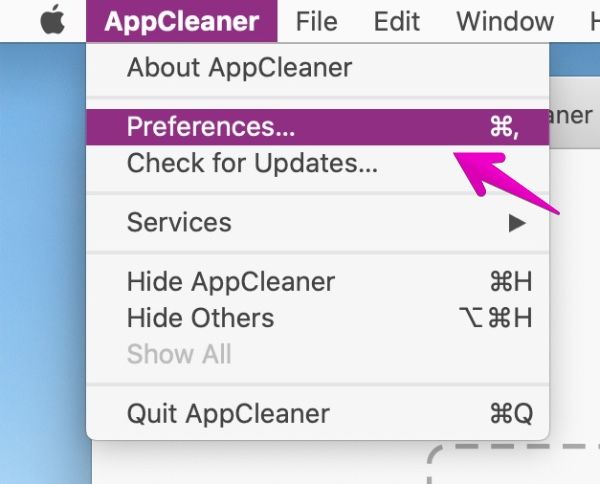 AppCleanerのメニューバーから環境設定を呼び出す