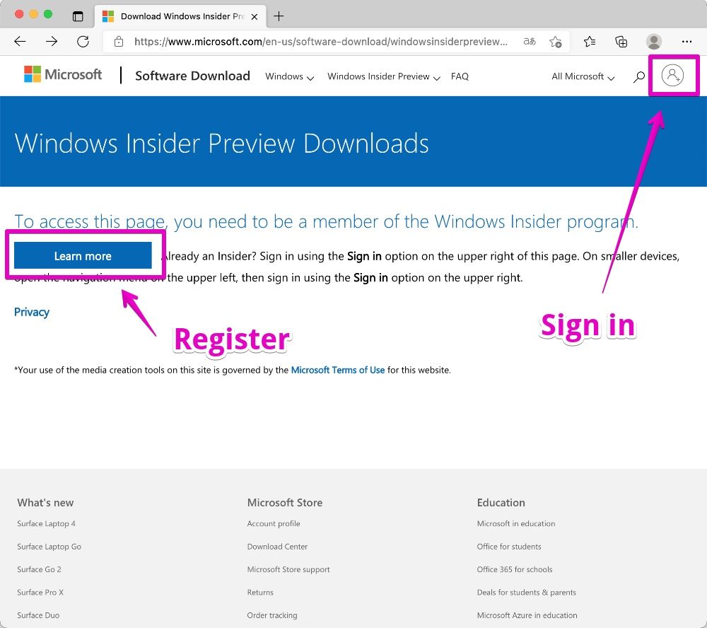 Microsoft Windows 11 Inside Preview Downloads Page
