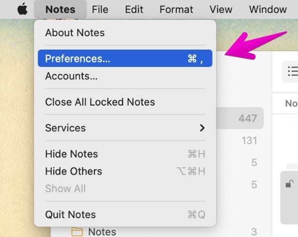 Mac Notes "Preferences..."