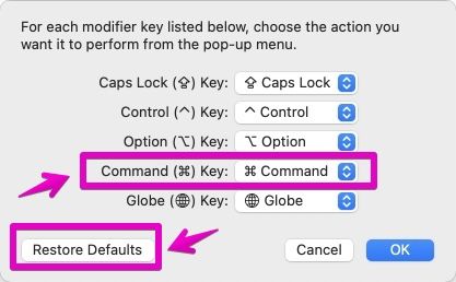 Mac "System Preferences" -> "Keyboard" -> "Modifier Keys..."