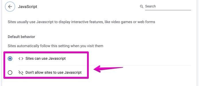 Mac Google Chrome "Preferences" -> "JavaScript"