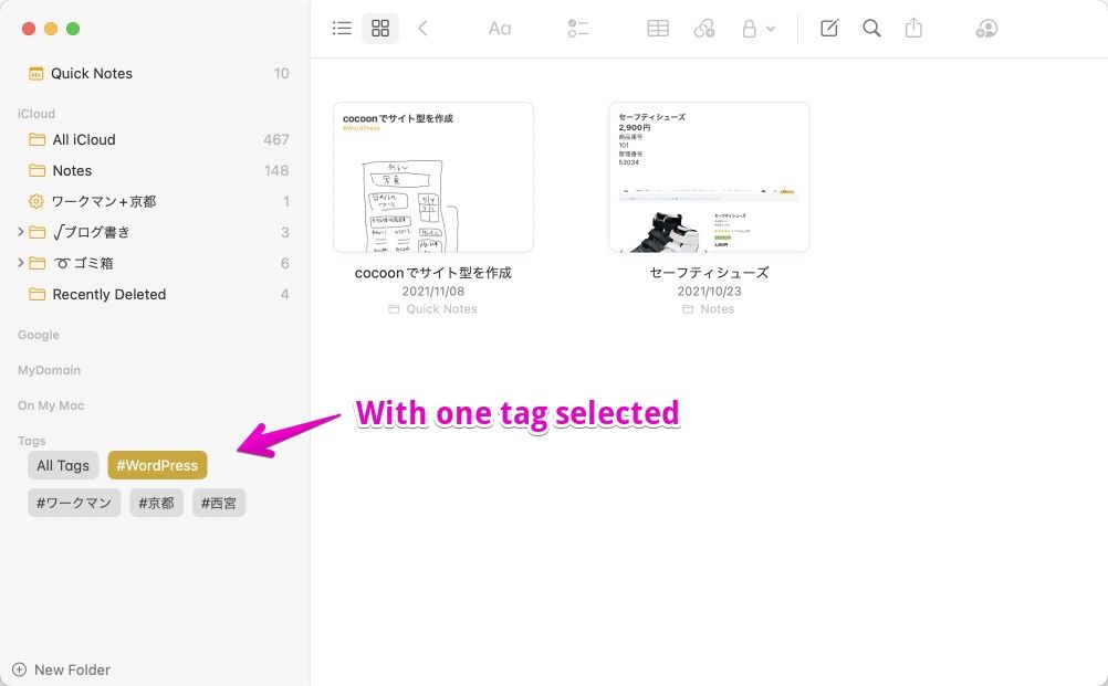 Apple Notes one tag selected