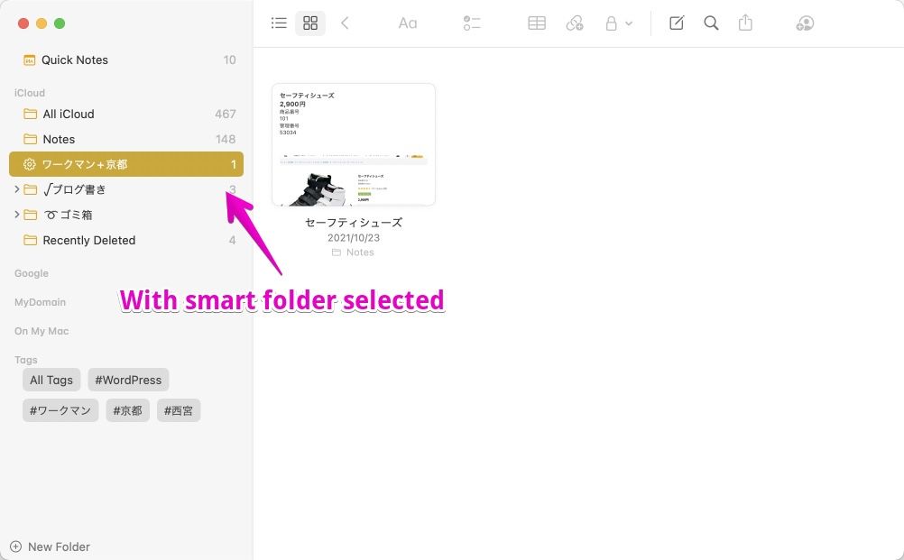 Apple Notes smart folder selected