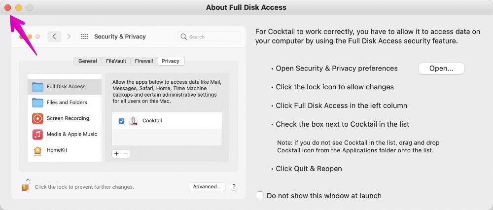 Mac App "Cocktail" Full Disk Access