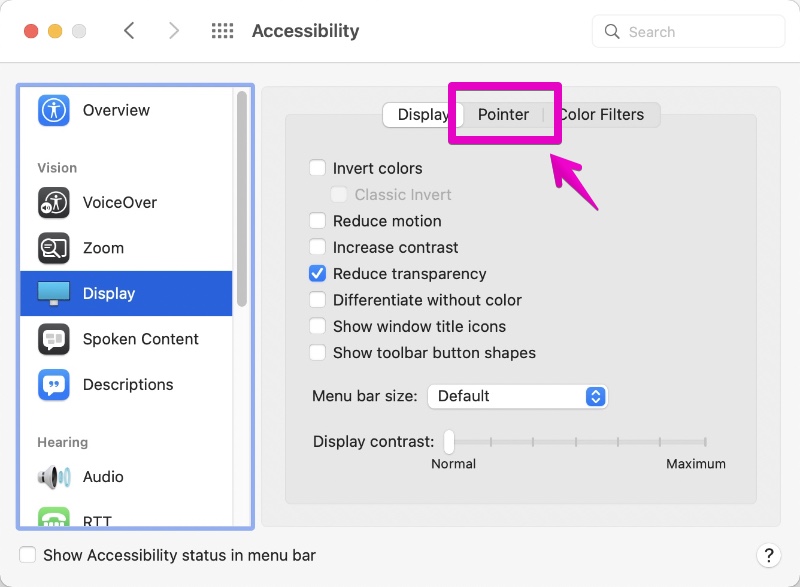 Mac "System Preferences" -> "Accessibility" -> "Pointer"