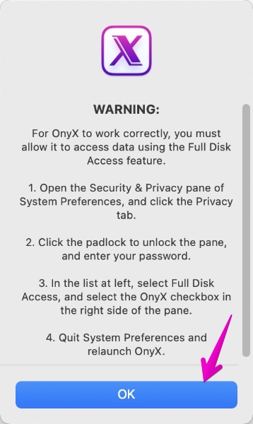 Mac Onyx Warning