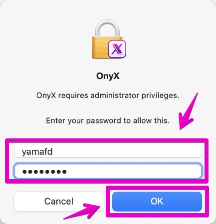 Mac Onyx requires administrator privileges.