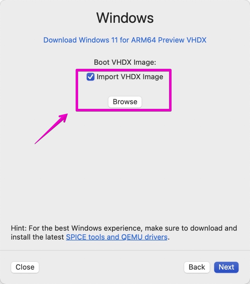 UTM Create a New Machine Windows Import VHDX Image