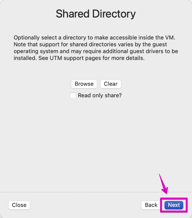 UTM Create a New Machine Shared Directory
