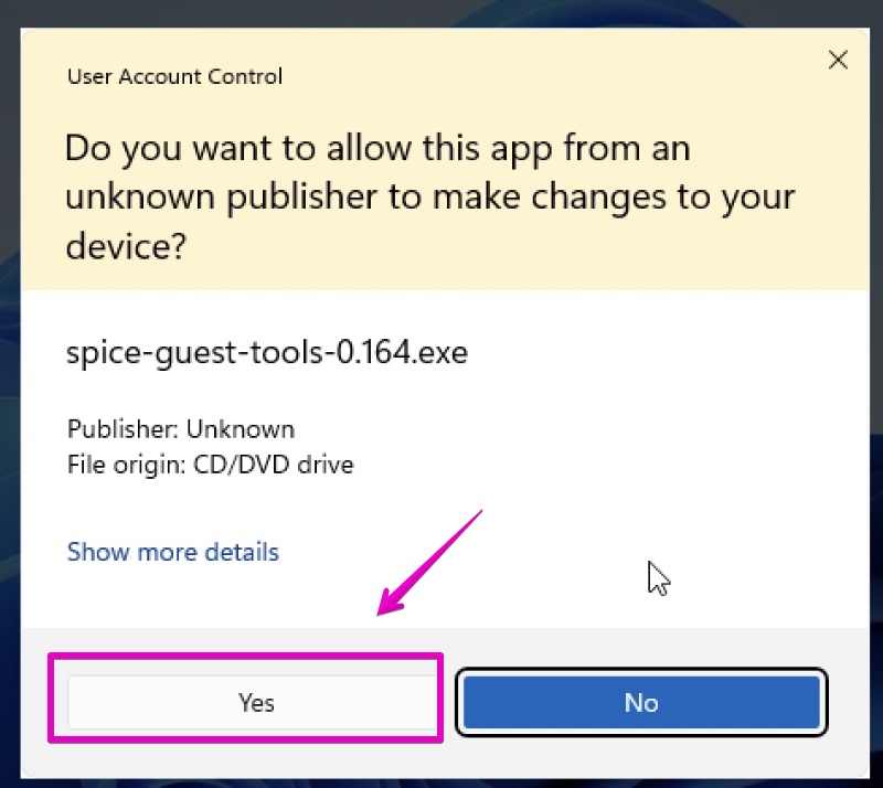 UTM Windows 11 SPICE Guest Tools　Do you want to allow this app from an unknown publisher to make changes to your device? インストール実行確認画面