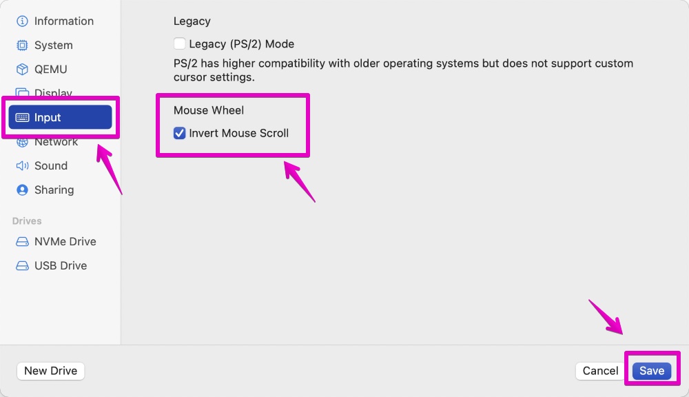 UTM Windows 11 Edit Input Invert Mouse Scroll