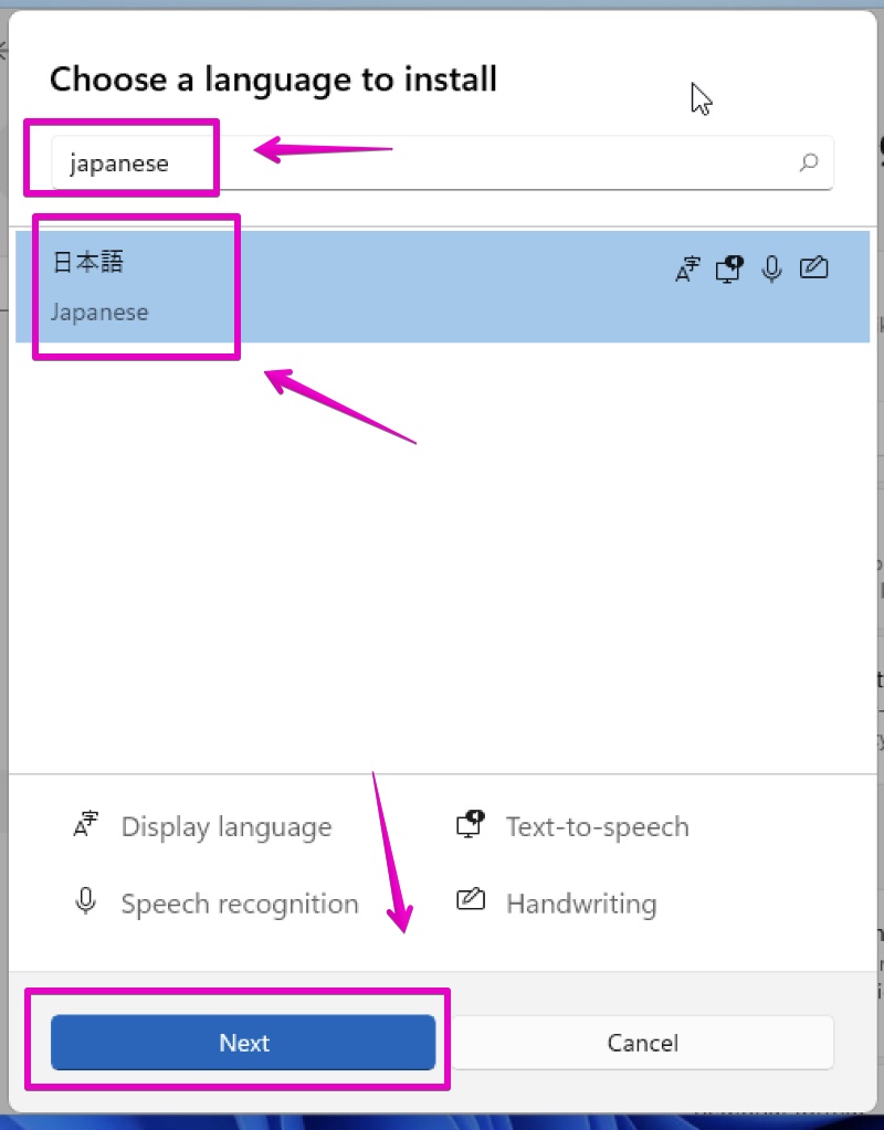 Windows 11 スタートメニュー Settings Time & language -> Language & region -> Add a language -> Choose a language to install