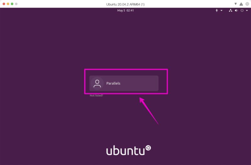 Parallels Desktop Ubuntuログイン画面