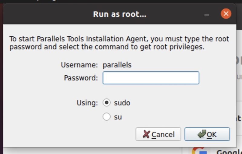 Parallels Desktop Ubuntu parallels Tools インストール画面