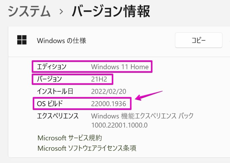 Windows 11 設定 > システム > バージョン情報