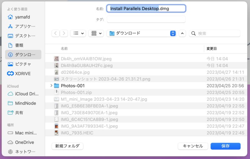Mac ファイル保存画面