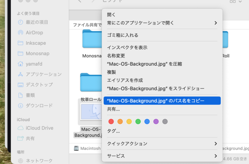 Mac Finder ファイルのパス名をコピー